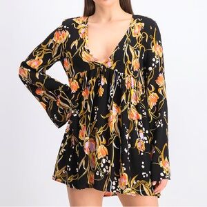 Free People Bella Black Floral V-Neck Tunic with Pink & Yellow Accents